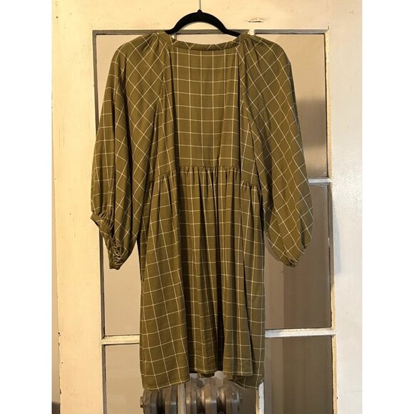 Hand Made Olive Green Check Wrap Front A-Line Baby Doll Long Sleeve Dress - Picture 2 of 5